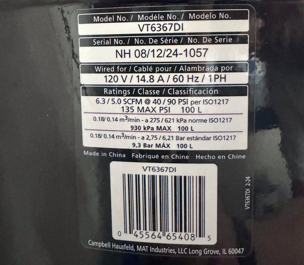 Compresor 2 HP 26.5 Gal CAMPBELL HAUSFELD / 120V / DEWALT-