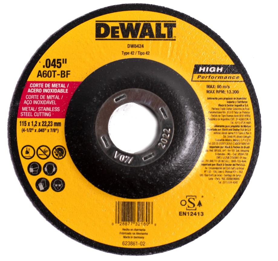 Disco abrasivo 4 1/2" X 1mm Corte INOX / 4 1/2" X .045" X 7/8" ( 115 X 1.2 X 22.23MM ) / DEWALT-3-E-1-D