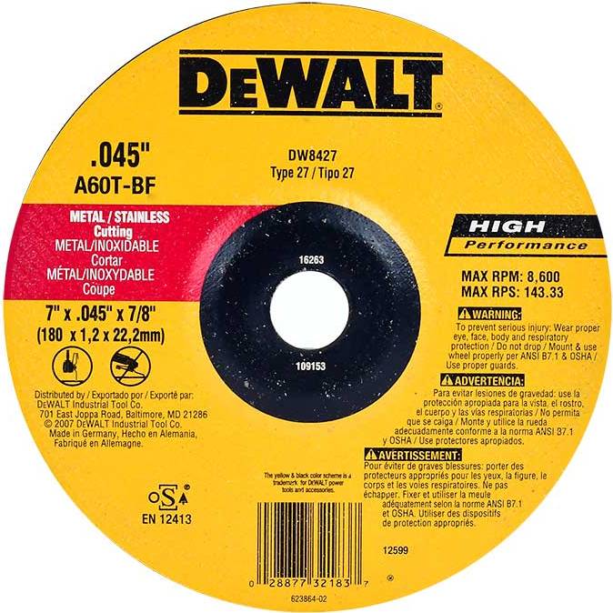 Disco abrasivo 7" Corte INOX lamina / Concavo / 7" X 1/16" X 7/8" ( 180 X 1.2 X 22.23MM ) / DEWALT-2-C-3-D-1