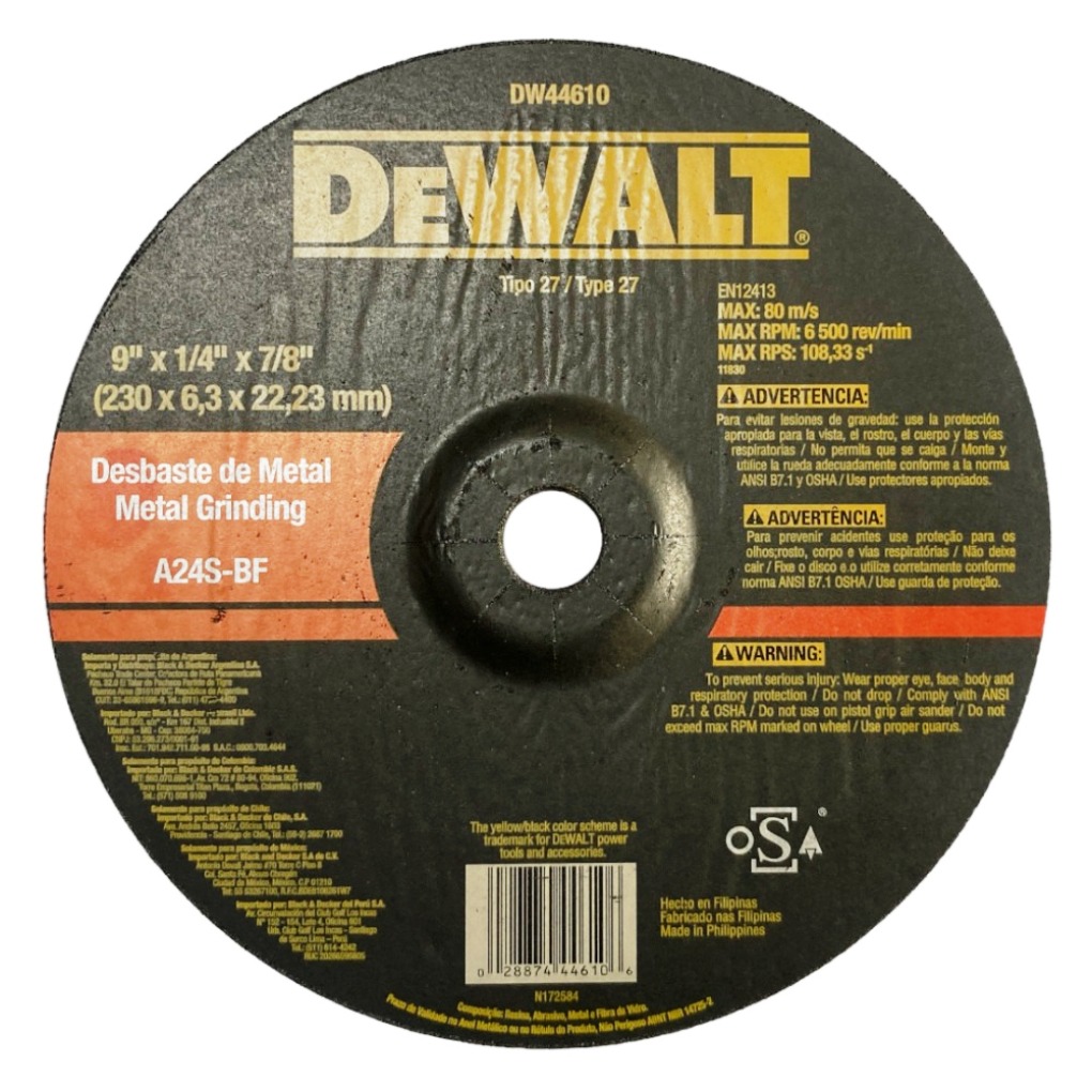 Disco abrasivo 9" Pulido metal DEWALT / Concavo / 9" X 1/4" X 7/8" (230 X 6,3 X 22.23MM) / DEWALT-3-E-1-A/17-B-2-A