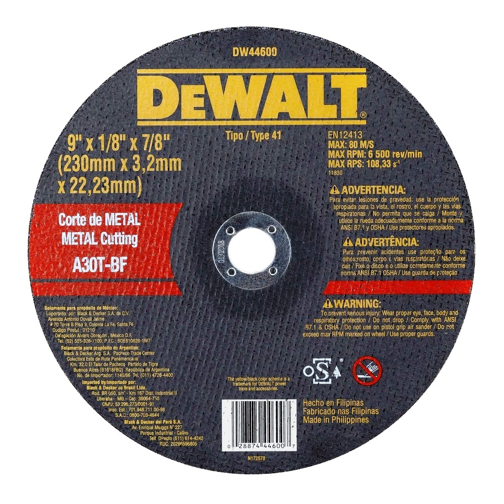 Disco abrasivo 9" Corte metal DEWALT / Concavo / 9" X 1/8" X 7/8" (230 X 3,2 X 22.23MM) / DEWALT-3-B-3-A-1/17-B-1-B
