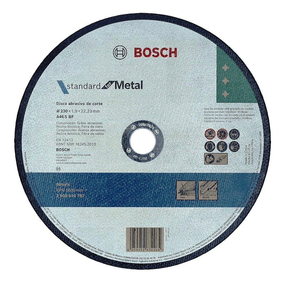 Disco abrasivo 9" Corte metal Plano / STANDARD / 9" X 5/64" X 7/8" (230 X 1.9 X 22.23MM) / BOSCH-