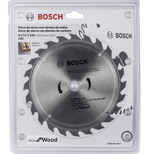 [2608644329] Disco Sierra Circular 7 1/4" 24D BOSCH / ECO / MADERA / Eje 20-16 mm ( 5/8" ) / BOSCH-TABLA-7