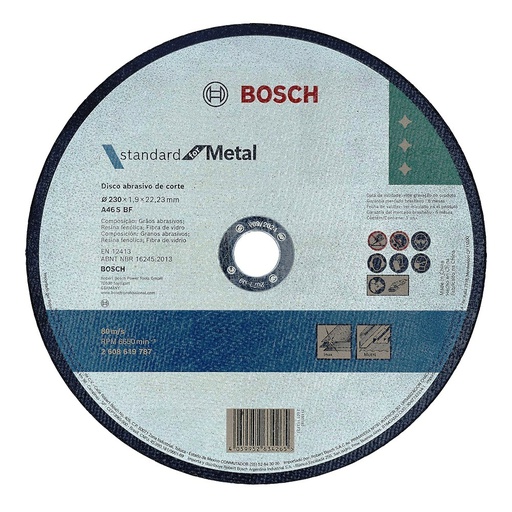 [2608619787] Disco abrasivo 9" Corte metal Plano / STANDARD / 9" X 5/64" X 7/8" (230 X 1.9 X 22.23MM) / BOSCH-
