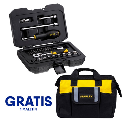 [STMT82828-OF] Juego / Dados 38 Piezas / Raiz 1/4" / Milimetricas Maleta Plastica + Gratis Maletin Lona