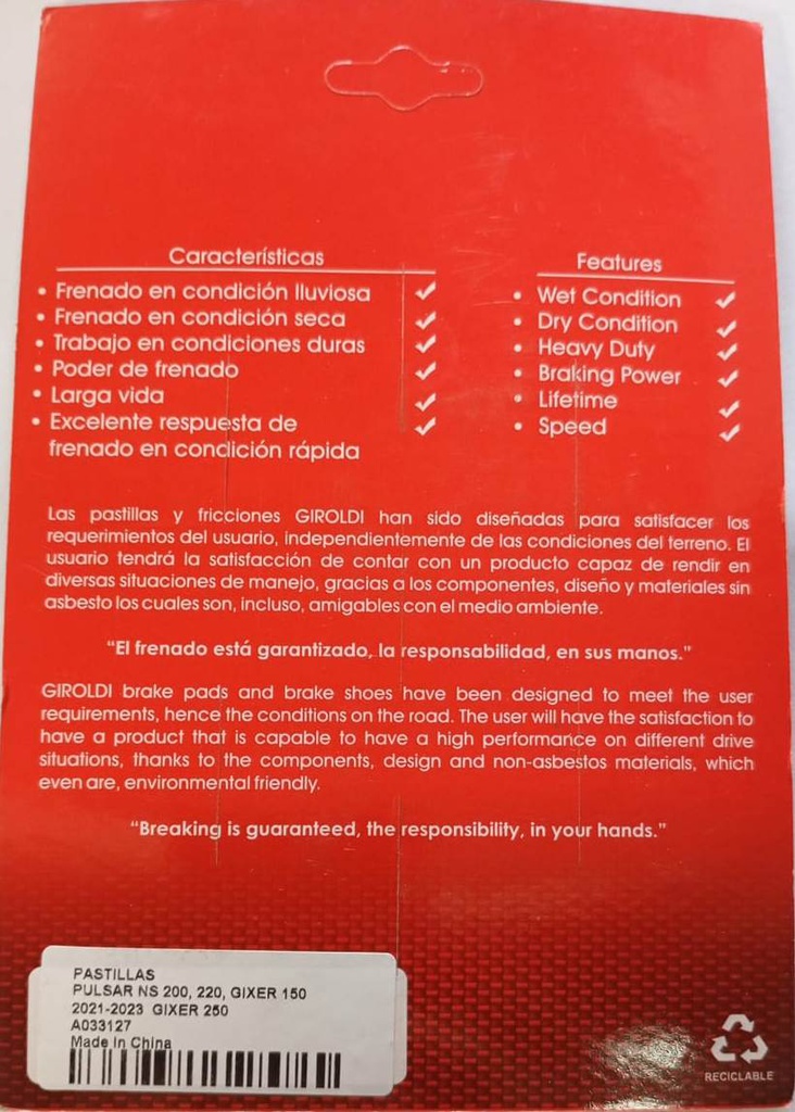 Pastilla de Freno / MOTO / PULSAR NS 200, 220 / GIXER 150 / 250 / GIROLDI / BOSCH-