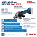 Amoladora 4 1/2"  GWS 18V-8 / BARETOOL / BOSCH-