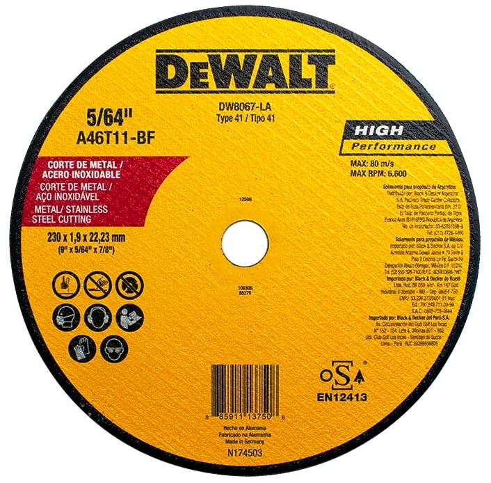 Disco abrasivo 9" Corte metal DEWALT / Plano / INOX /  9" X 5/64" X 7/8" (230 X 1,9 X 22.23MM) / DEWALT-3-C-3-D