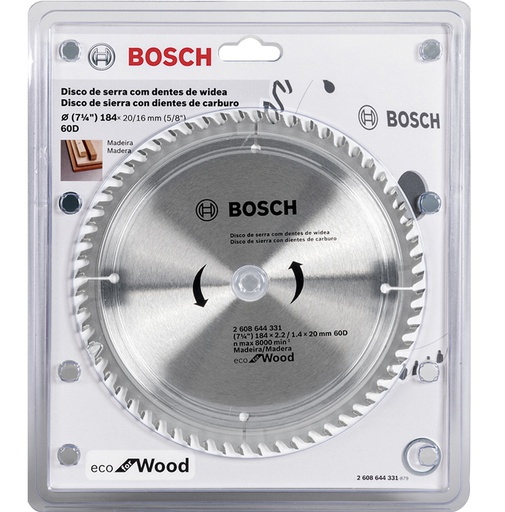 [2608644331] Disco Sierra Circular 7 1/4" 60D BOSCH / ECO / MADERA / Eje 20-16 mm ( 5/8" ) / BOSCH-TABLA-7