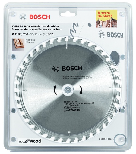[2608644335] Disco Sierra Circular 10" 40 Dientes BOSCH / ECO / MADERA / Eje 30-25 mm ( 1" ) / BOSCH-TABLA 8