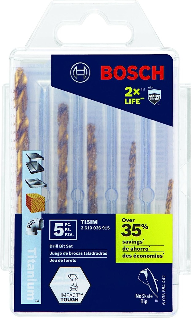 Juego de 9 Brocas 3/32&quot; a 1/4&quot; / TITANIO / Vastago HEXAGONAL / TI5IM / BOSCH-