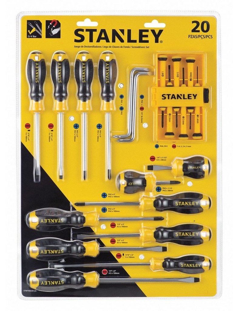Desarmadores KIT STANLEY de 20 PZAS / PHILIPS CASTIGADERA / DEWALT-17-C-3-A
