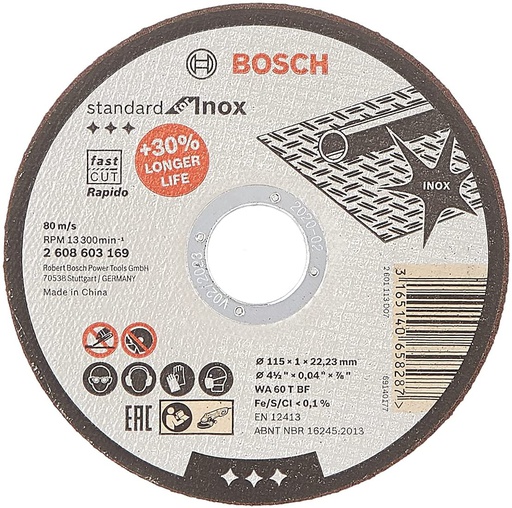 [2608603169] Disco abrasivo 4 1/2" X 1 mm Corte INOXIDABLE / STANDARD / 4 1/2" X 3/64" X 7/8" (115 X 1 X 22.23MM) / BOSCH-