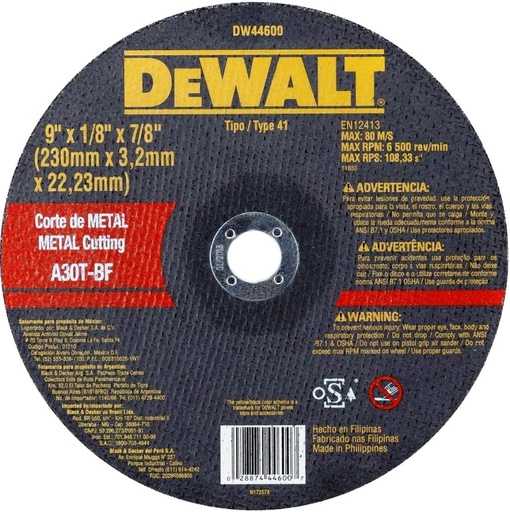 [DW44600] Disco abrasivo 9" Corte metal DEWALT / Plano / 9" X 1/8" X 7/8" (230 X 3,2 X 22.23MM) / DEWALT-2-B-3-C/17-B-1-A