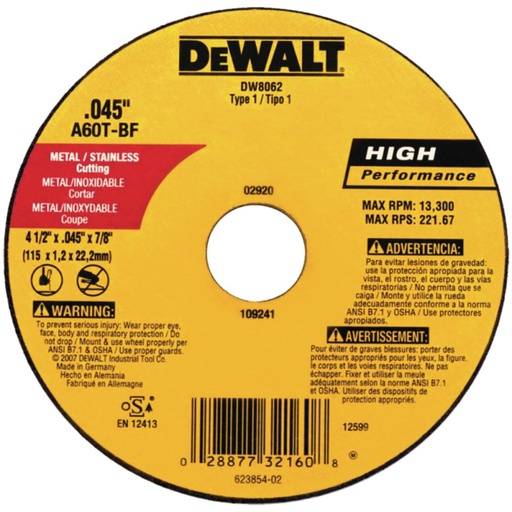 [DW8062] Disco abrasivo 4 1/2&quot; X 1mm Corte INOX / 4 1/2&quot; X .045&quot; X 7/8&quot; ( 115 X 1.2 X 22.23MM ) / DEWALT-3-E-1-C