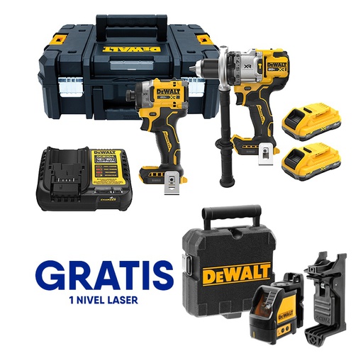 [DCK2101QQ2T-OF] Combo Taladro DCD1007+DCF845 / 2 Bateria 4 Ah / 20 V / GRATIS DW088CG / DEWALT-